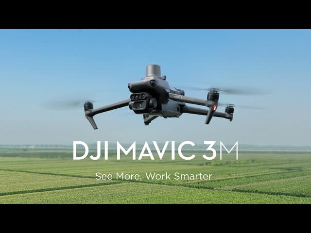 DJI Mavic 3M drone hovering over a green field with text See More, Work Smarter.